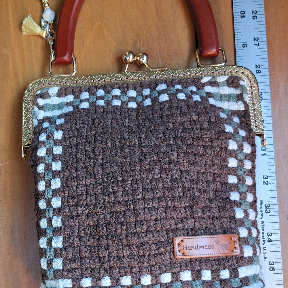 Brown Woven Top-Handle Bag with Cream & Green Trim - Picture 4 of 9